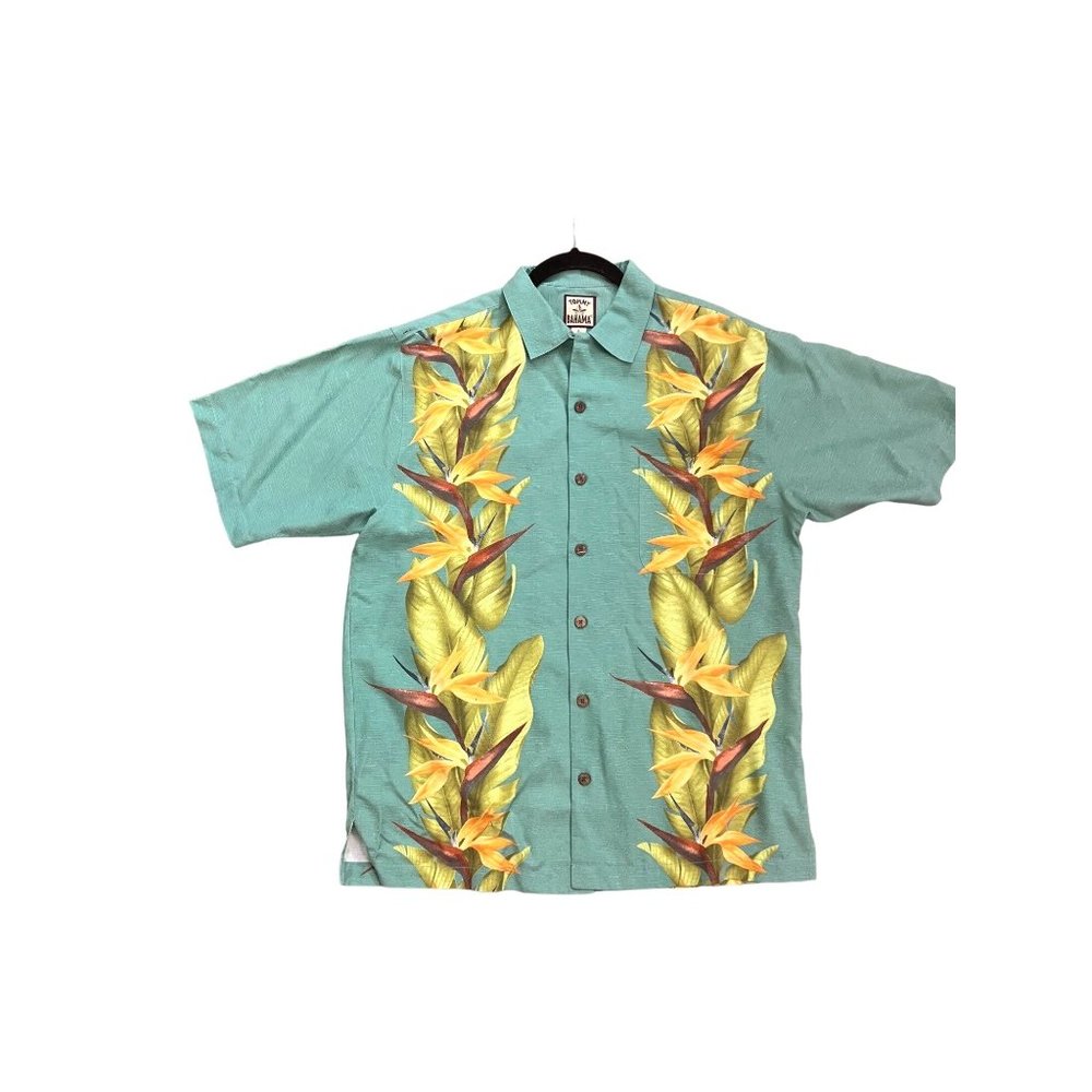 Vintage Tommy Bahama 100% Silk Green Yellow Floral Bird of Paradise Print Size S